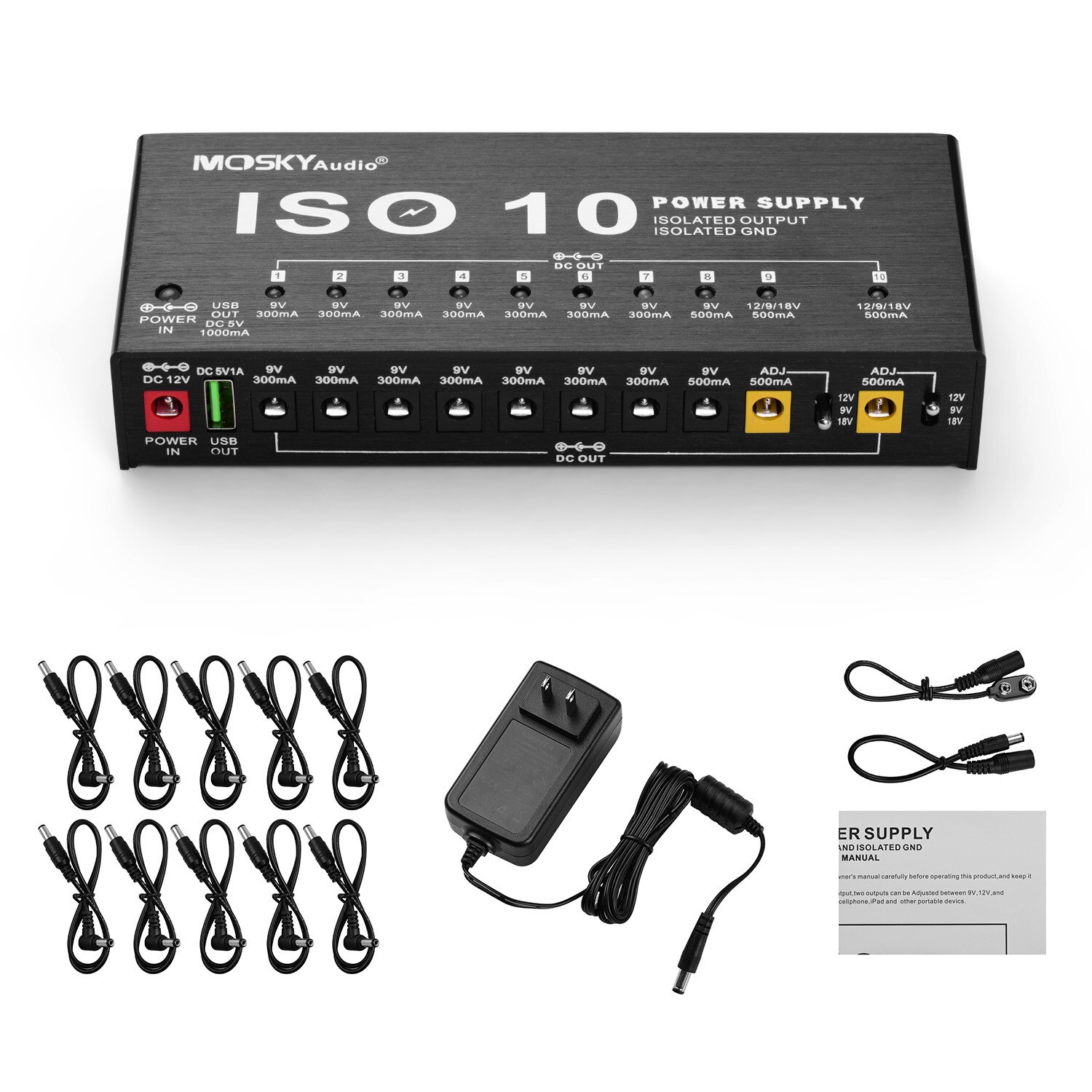 MOSKY ISO-10 파워 기타 이펙트 페달 전원 공급 장치, 10 절연 DC 출력, 5V USB 출력, 9V 12V 18V 기타 액세서리